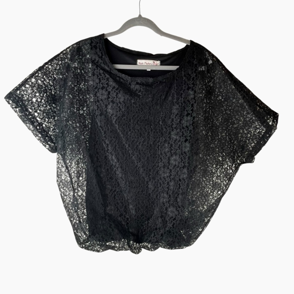 Red Pedal Black Lace Top Blouse XL Sheer Overlay Party Evening Short Sleeve‎